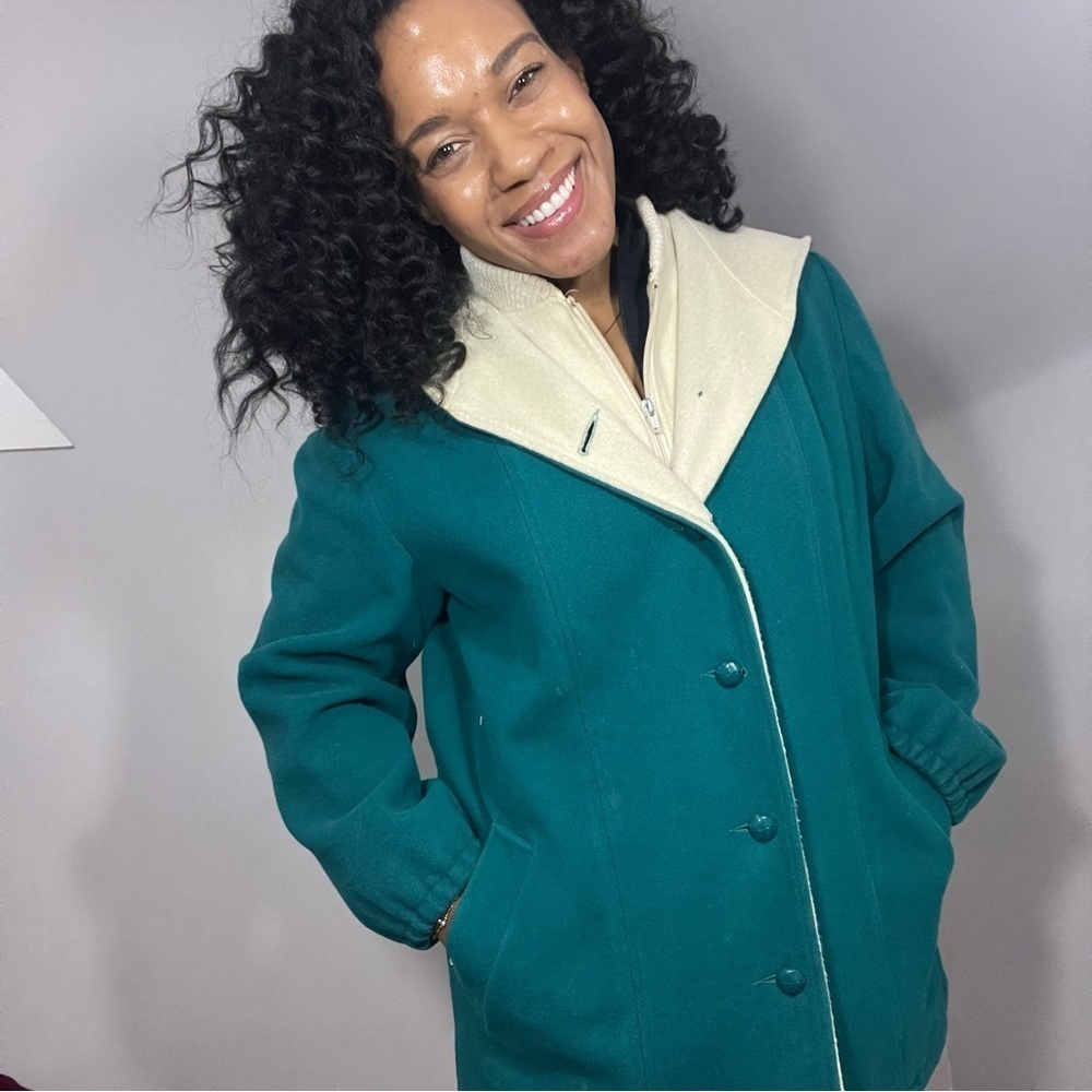 Vintage Green Wool Hooded Jacket Indie Hipster Retro Vest Pea Coat Cottagecore - Picture 6 of 16